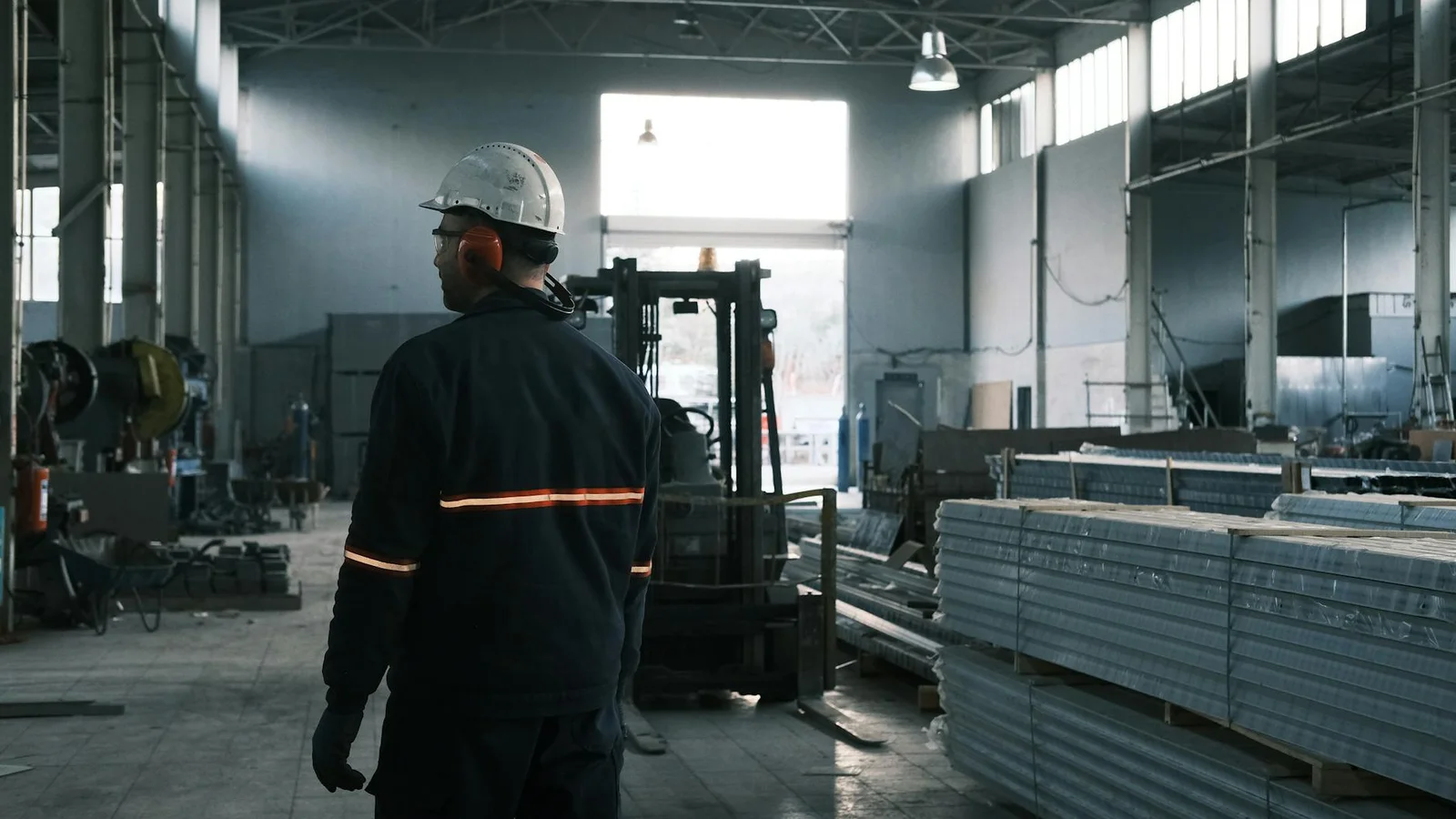 Manufacturing environment with clear lines between forklifts and pedestrian routes