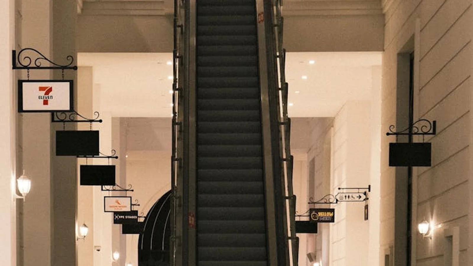 Long shopping mall corridor with navigation and visitor continuation behavior