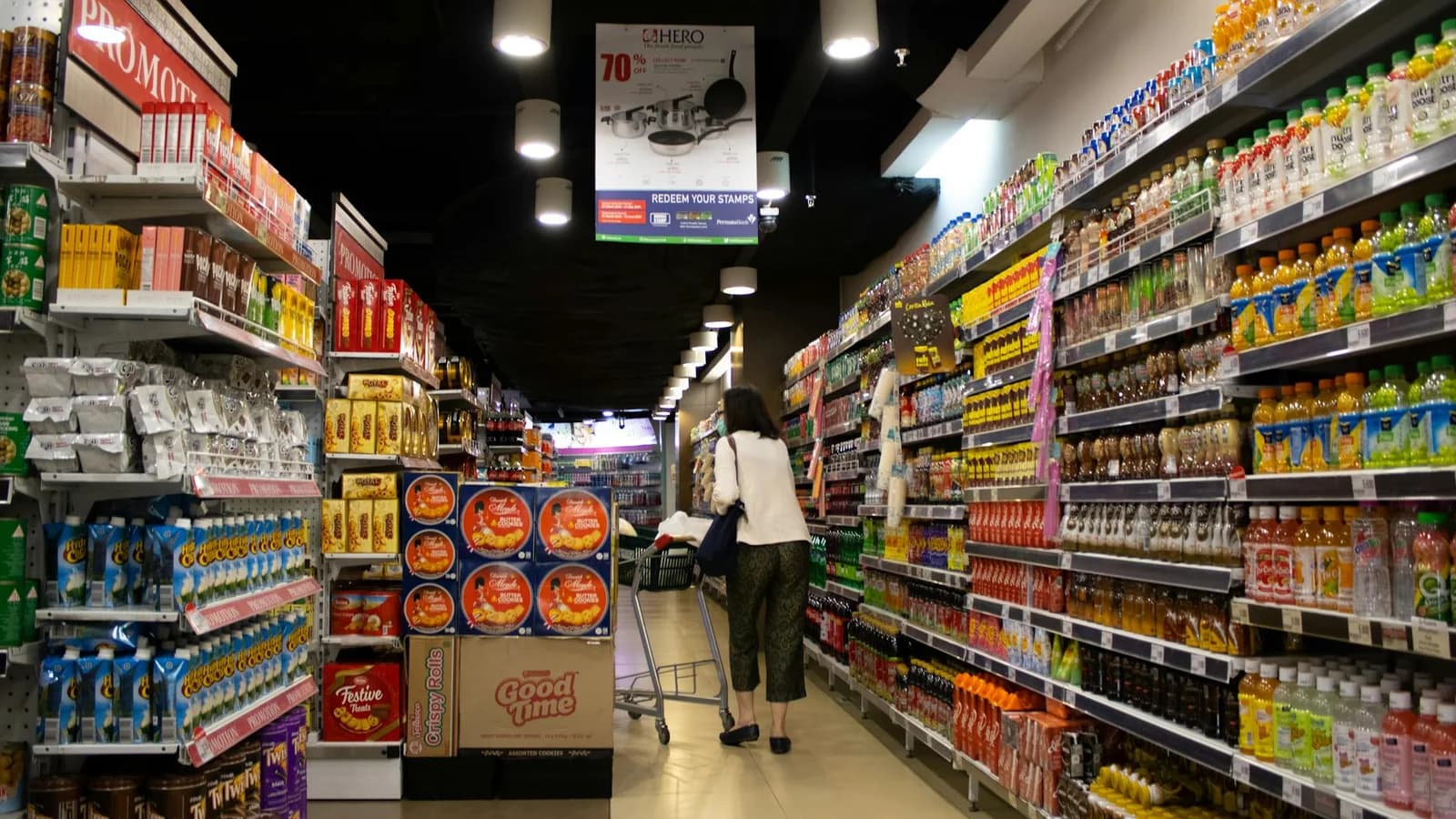 Retail aisle with promotional endcaps influencing shopper pathing