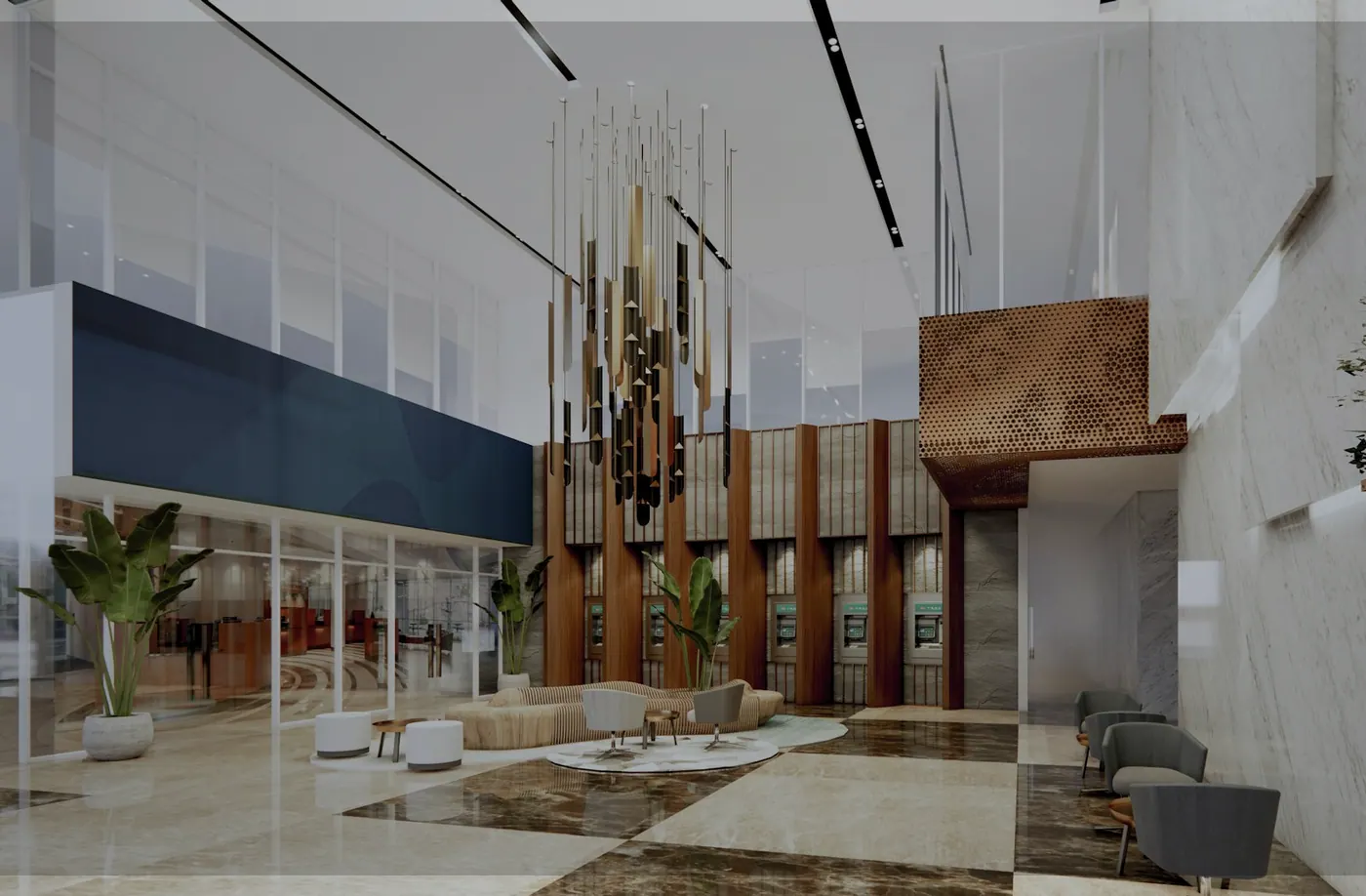 Modern bank lobby with ATM wall and lounge seating