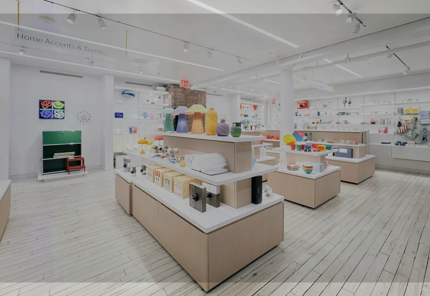 Modern retail store interior with display shelves and products